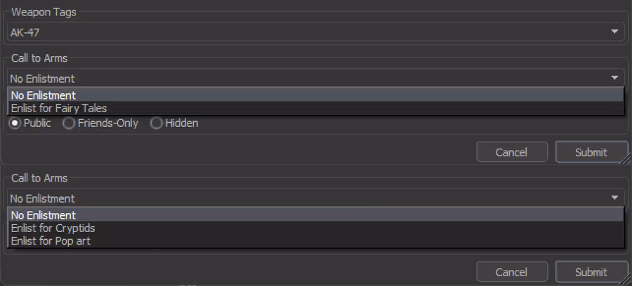 CS2 Workshop Submission UI showing how to submit to the collection contests. Dropdown menu shows the themes: Fairy Tales, Cryptids, Pop Art